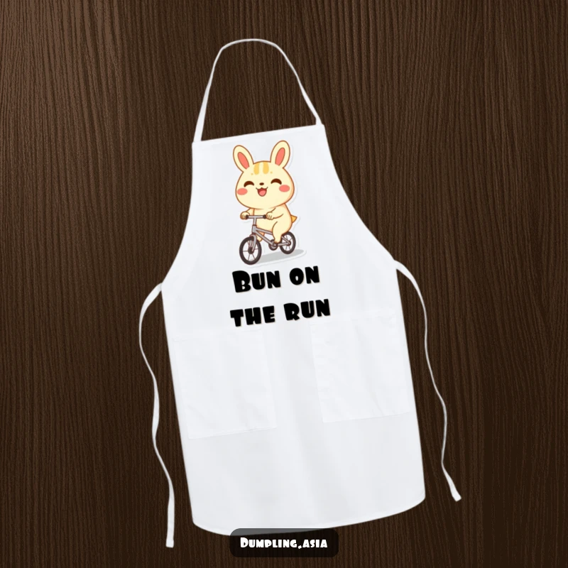 Funny bao bun apron, a happy character with a big grin, joyfully riding a tiny bicycle, humorous and adorable kitchen essential.