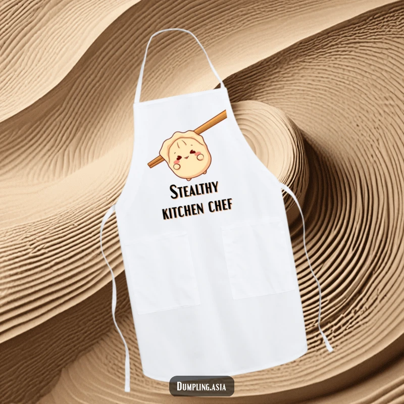 Funny gyoza apron, a giggling dumpling character, peeking playfully from behind a giant chopstick, humorous and practical kitchen essential.