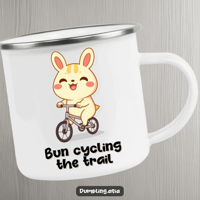 Funny bao bun camping mug, a happy character with a big grin, joyfully riding a tiny bicycle, perfect for outdoor fun.