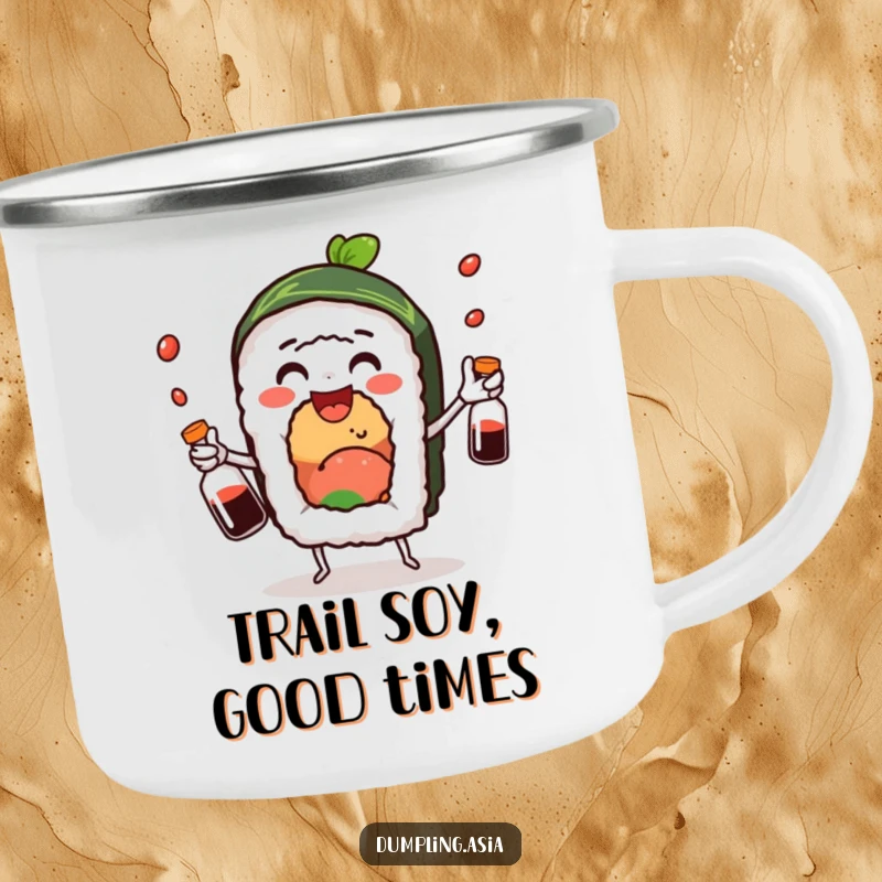 Funny sushi roll camping mug, a delighted character juggling soy sauce bottles, perfect for outdoor adventures and laughs.