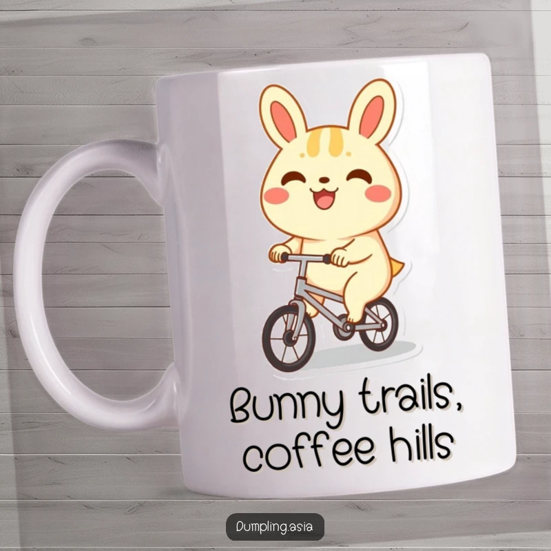 Funny bao bun mug, a happy character with a big grin, joyfully riding a tiny bicycle, perfect for cute food lovers.