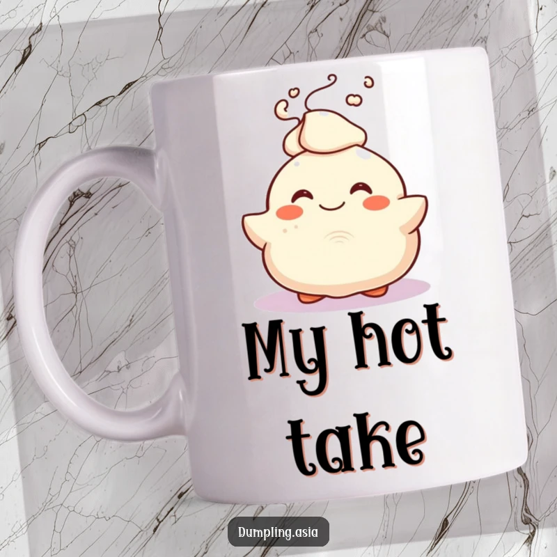 Funny Mug with a smiling dumpling character, joyfully bursting with steam from its top, a cute and happy image.