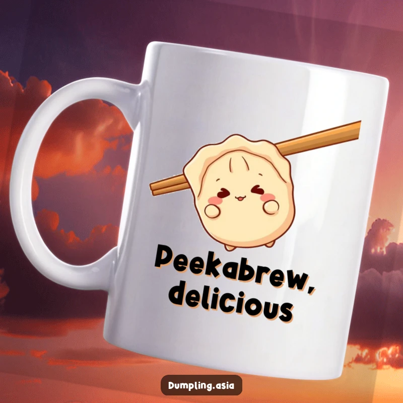 Funny gyoza mug, a giggling dumpling character, peeking playfully from behind a giant chopstick, perfect for food humor.