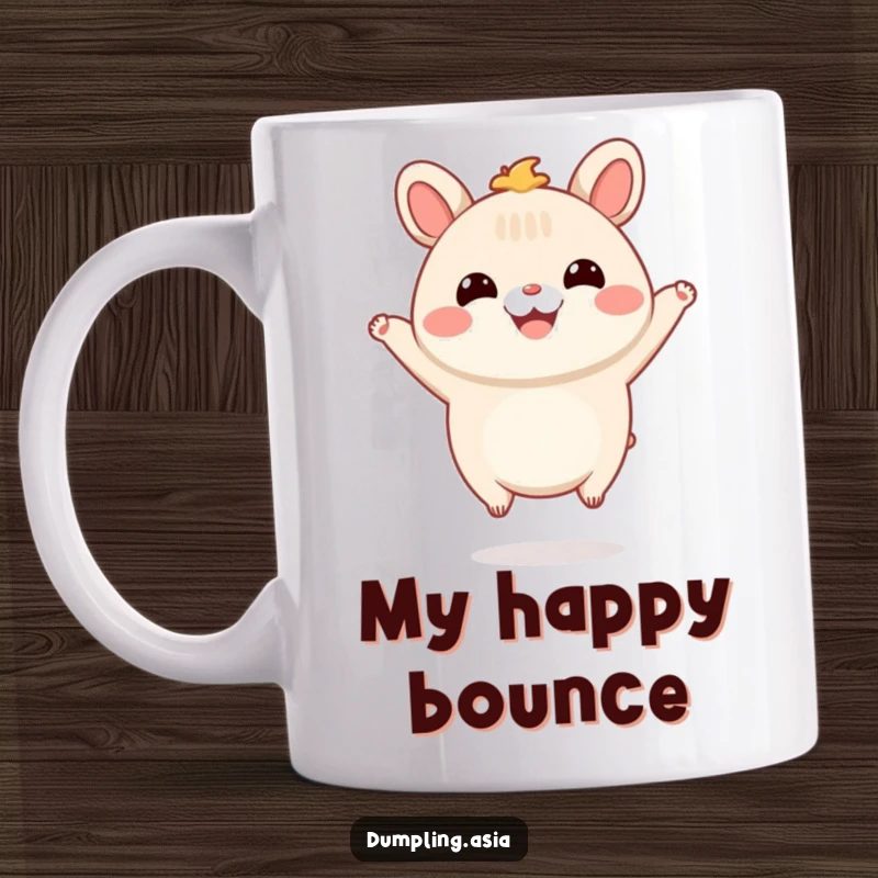 Funny Mug with a smiling bao bun character with tiny feet, happily jumping in the air, a cute and energetic design.