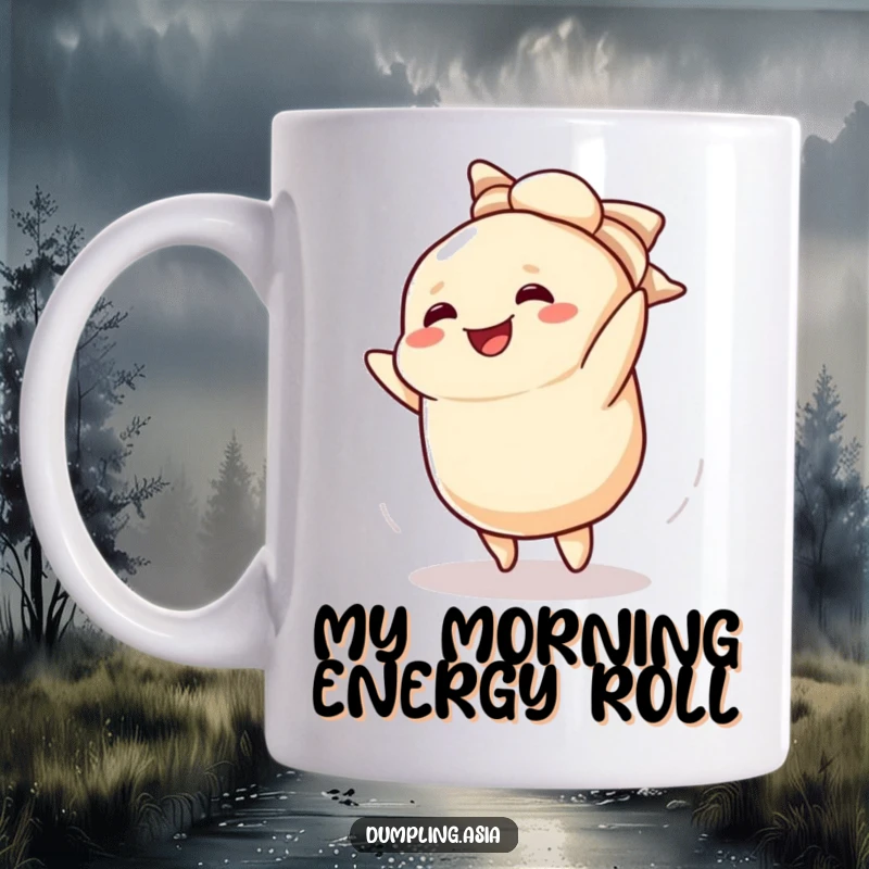 Funny mug with a smiling dumpling character energetically doing a cartwheel and dusting off its wrapper.