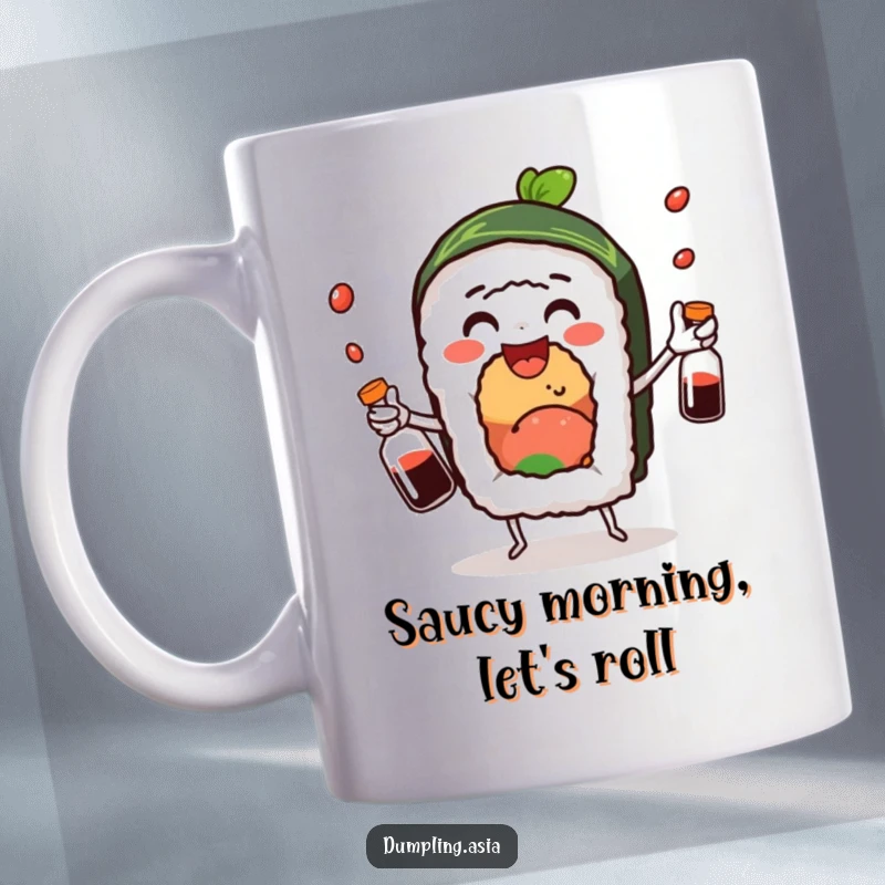 Funny sushi roll mug with a delighted expression, skillfully juggling small soy sauce bottles, a perfect gift for food lovers.