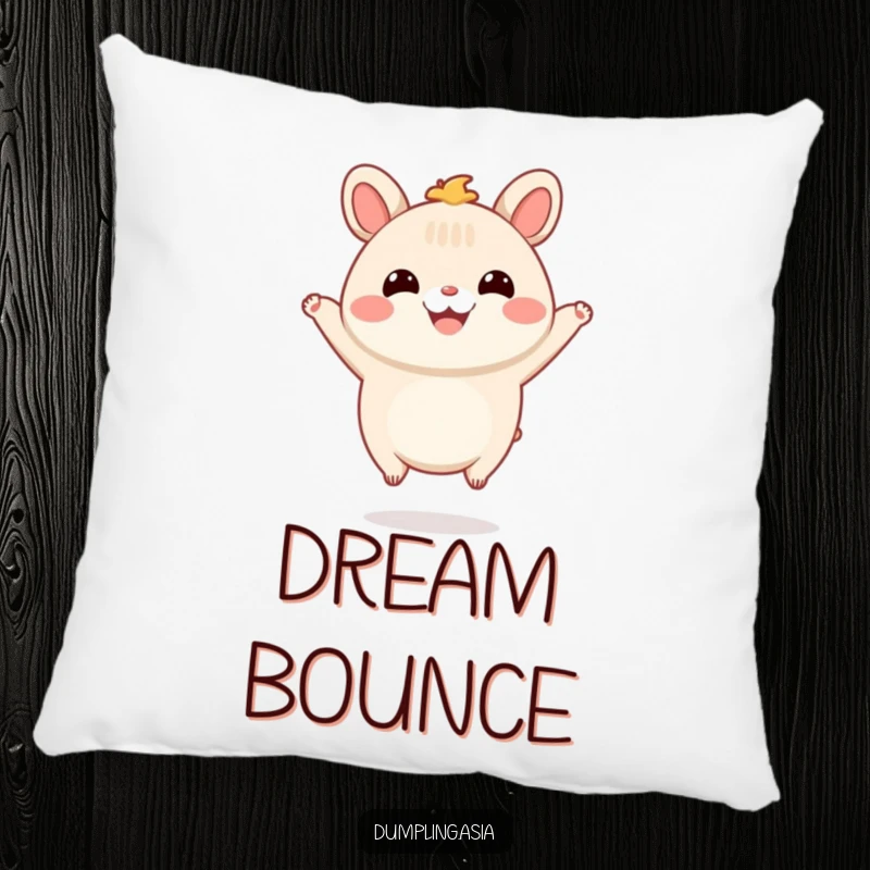 Funny Pillow with a smiling bao bun character with tiny feet, happily jumping in the air, a soft and cheerful decorative item.