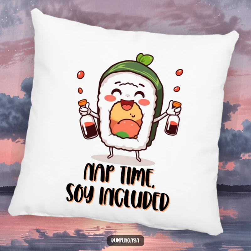 Funny sushi roll pillow, a delighted character happily juggling small soy sauce bottles, soft and humorous home accent.