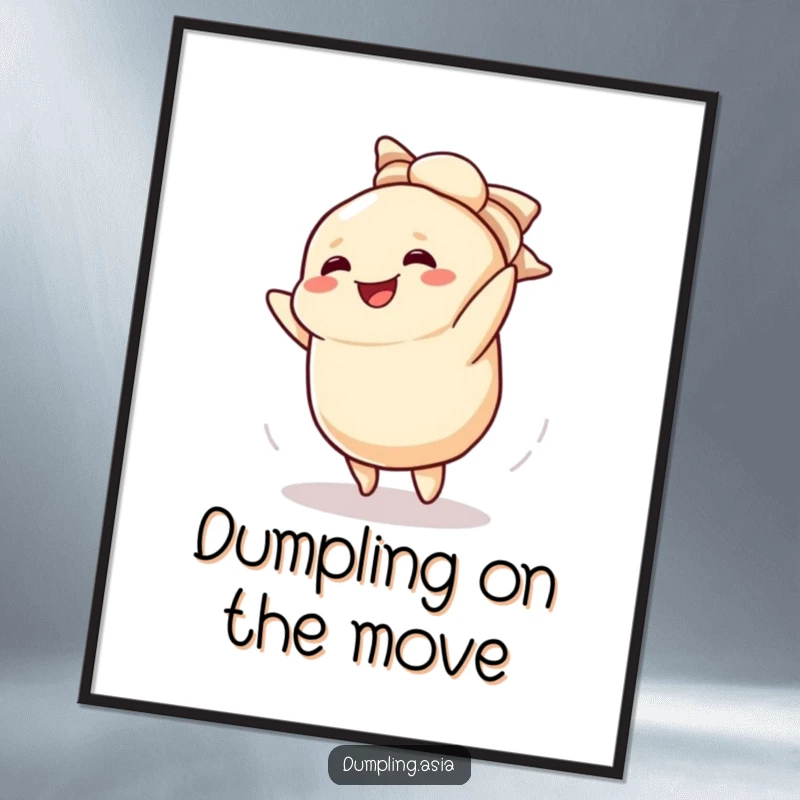 Funny digital art print of a smiling dumpling character performing a cartwheel with playful energy.