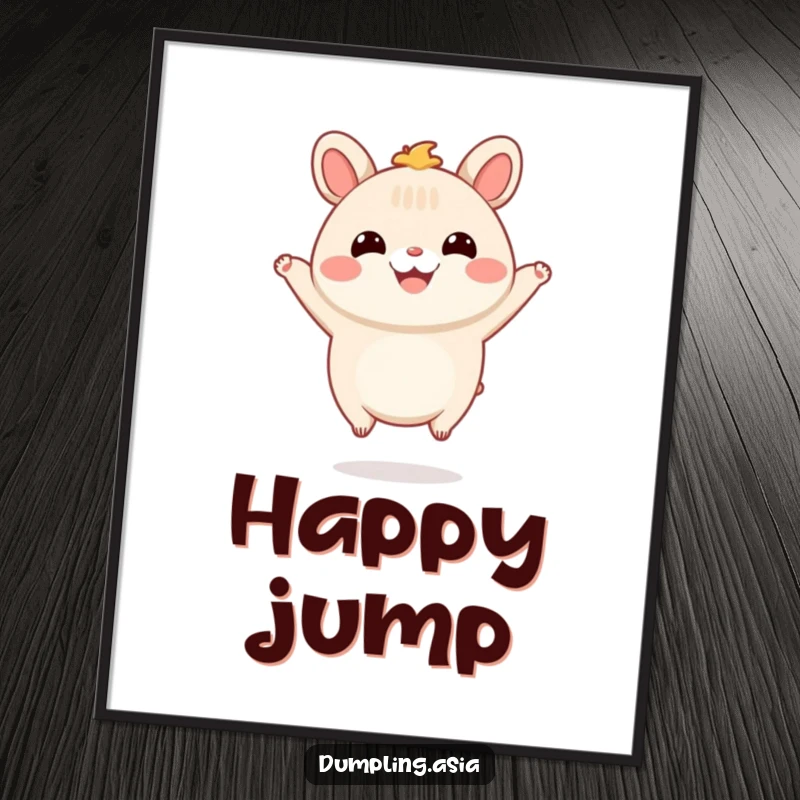 Funny Digital Art Print of a smiling bao bun character with tiny feet, happily jumping in the air, bringing instant cheerful energy.