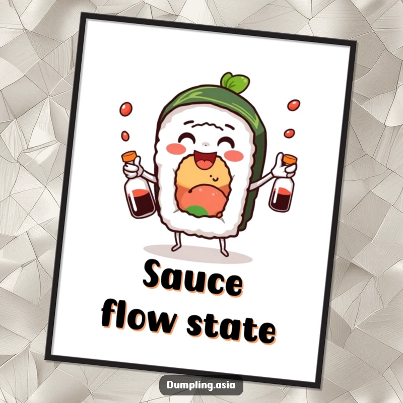 Funny sushi roll digital art print, a delighted character juggling soy sauce bottles, joyful and humorous instant decor.