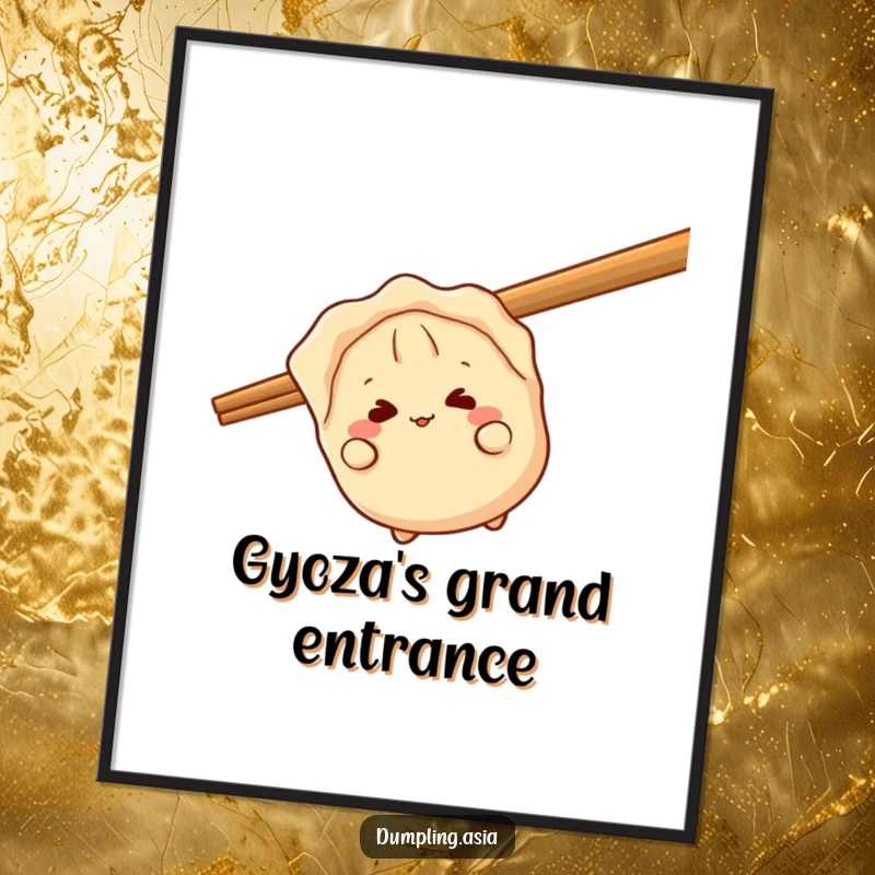 Funny gyoza digital art print, a giggling dumpling character, peeking playfully from behind a giant chopstick, instant humorous decor.