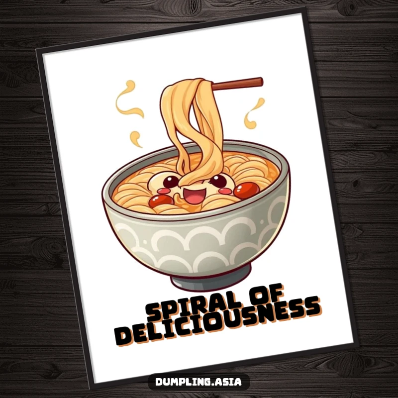 Funny ramen bowl digital art print, a cheerful character with playful spiraling steam, joyful and humorous instant decor.