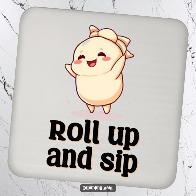 Funny drink coasters featuring a smiling dumpling character doing a cartwheel, adding playful charm.