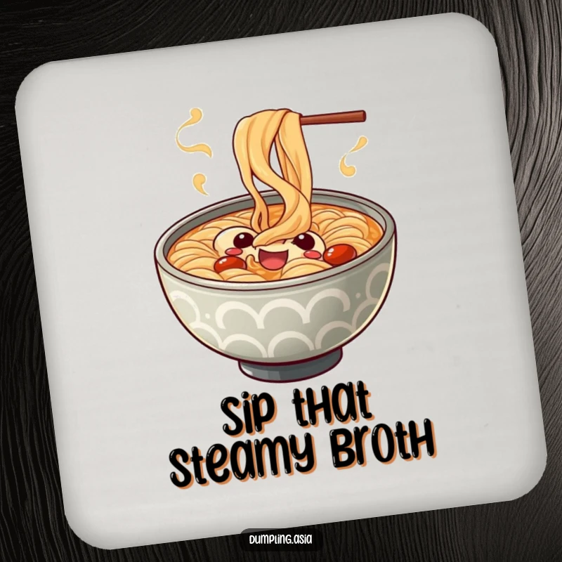 Funny ramen bowl coaster, a cheerful character with playful spiraling steam, protecting surfaces with noodle cheer.