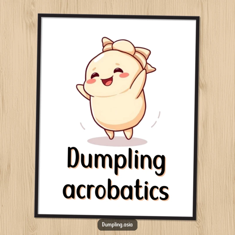 Funny poster depicting a smiling dumpling character performing a cartwheel with playful zest.