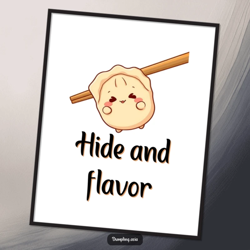 Funny gyoza poster, a giggling dumpling character, peeking playfully from behind a giant chopstick, whimsical and humorous wall art.