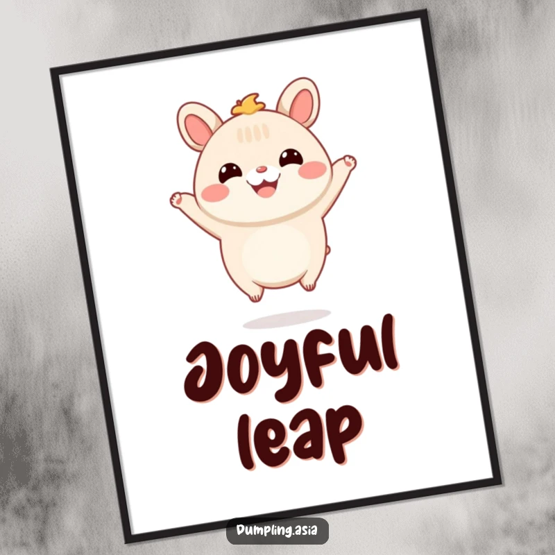 Funny Poster featuring a smiling bao bun character with tiny feet, happily jumping in the air, a cheerful and energetic piece.