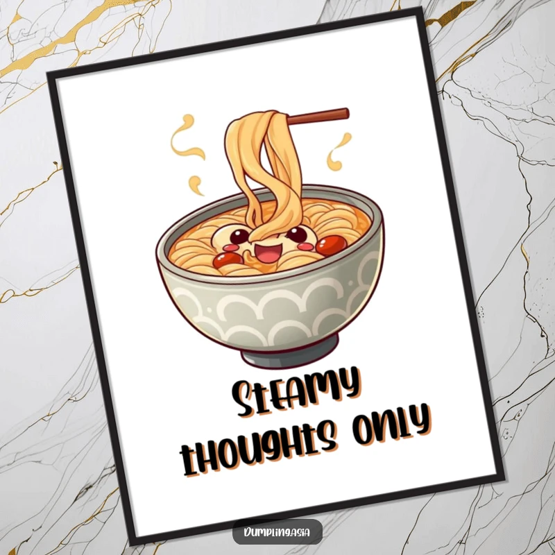 Funny ramen bowl poster, a cheerful character with playful spiraling steam, perfect for whimsical and humorous wall decor.