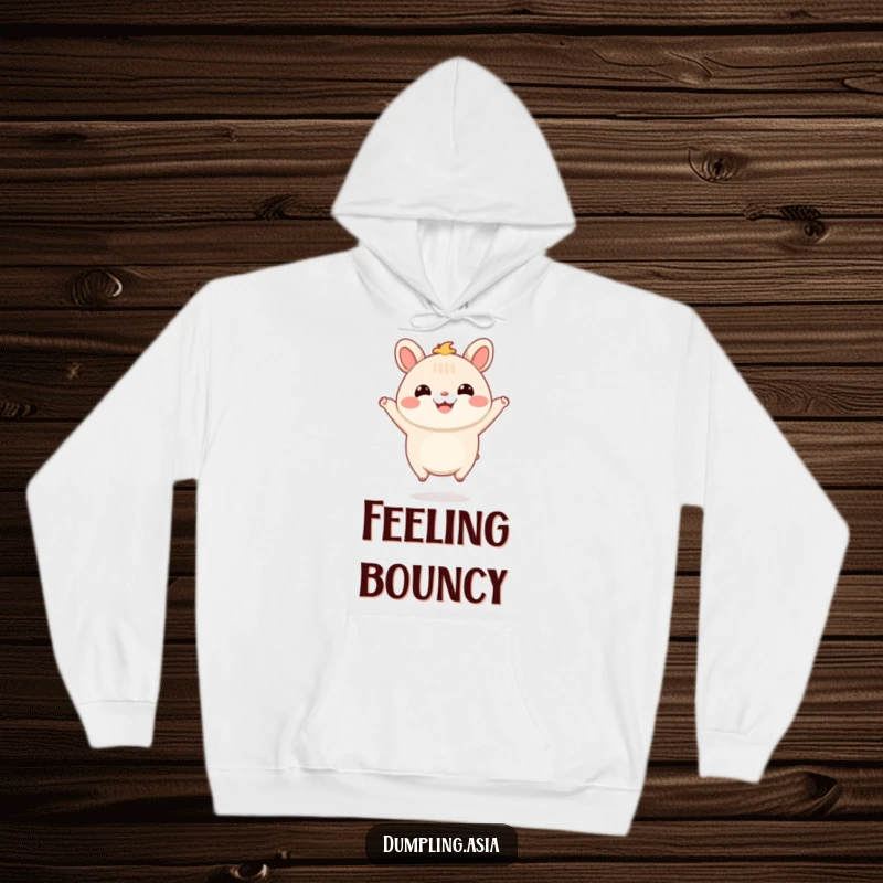 Funny Hoodie featuring a smiling bao bun character with tiny feet, happily jumping in the air, perfect for cozy fun.