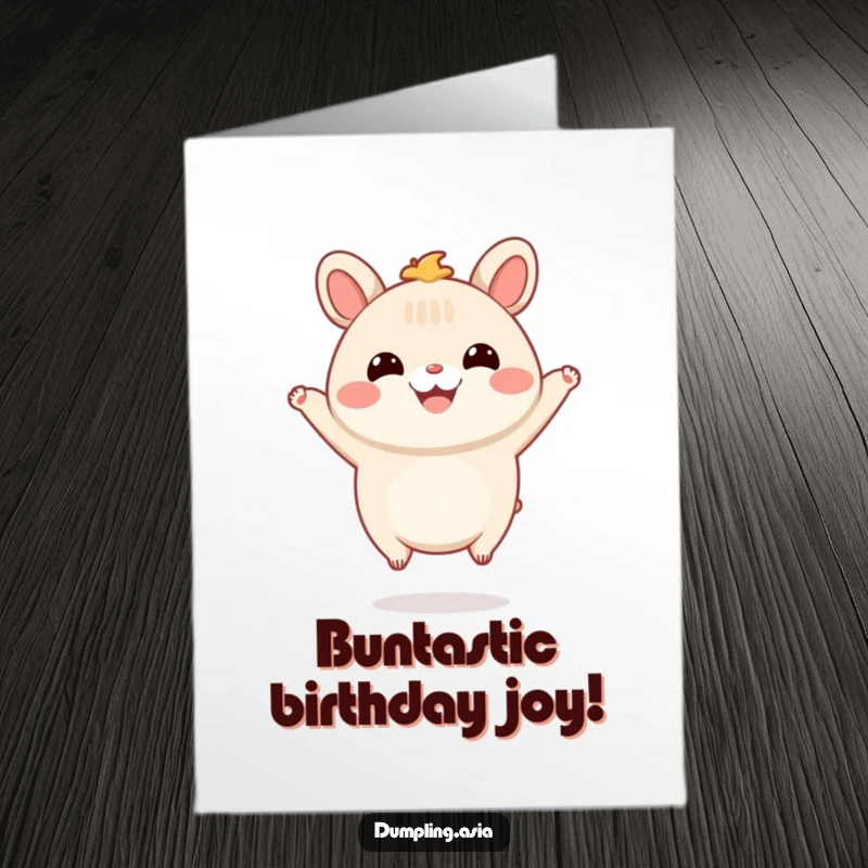Funny Free Printable Birthday Card of a smiling bao bun character with tiny feet, leaping joyfully in the air.