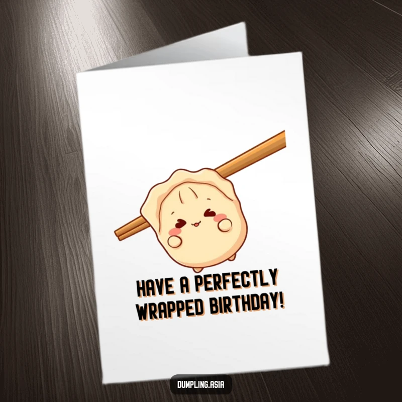 Funny Free Printable Birthday Card: A giggling gyoza character playfully peeks from behind a huge chopstick, adding surprise.