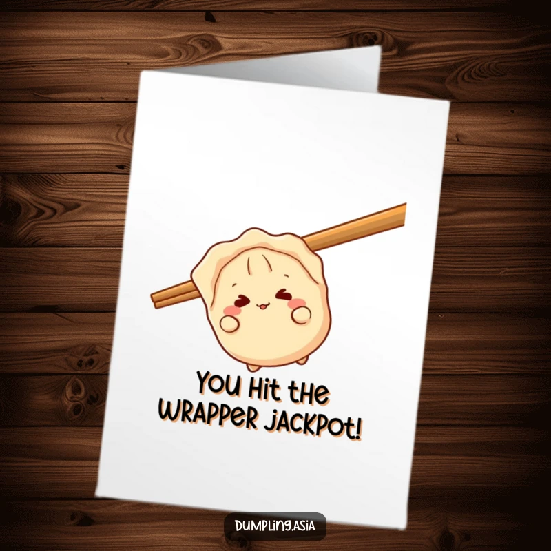 Funny Free Printable Congratulations Card: A giggling gyoza character hides behind a giant chopstick, popping out with joy.