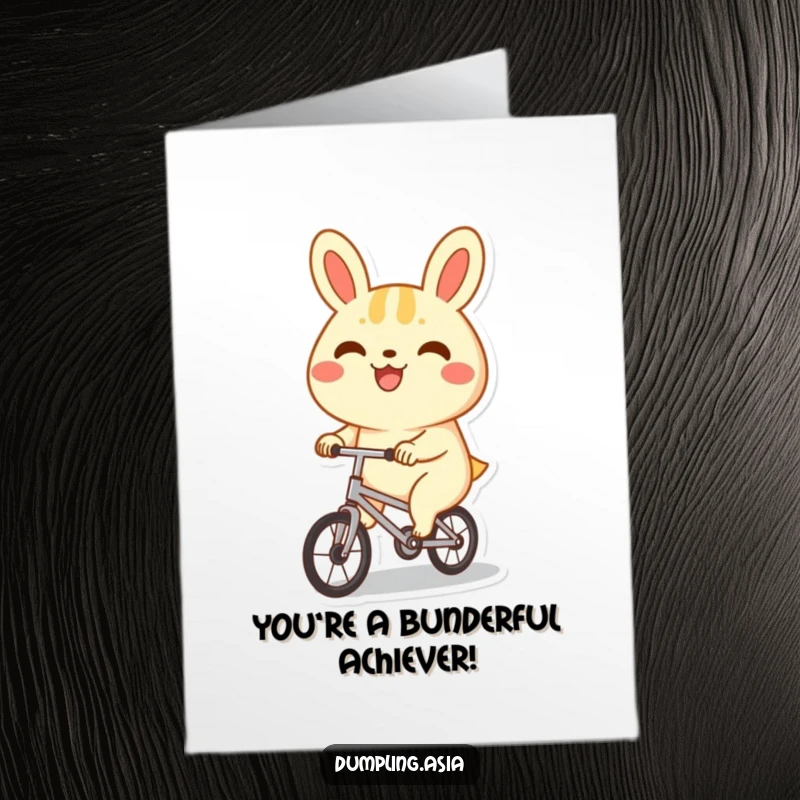 Funny Free Printable Congratulations Card: A giggling bao bun on a tiny bike, celebrating success with pure joy.
