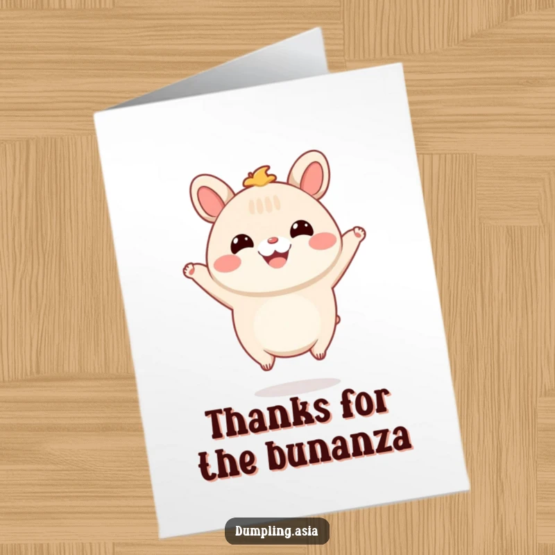 Funny Free Printable Thank You Card of a smiling bao bun character with tiny feet, joyfully jumping to express thanks.