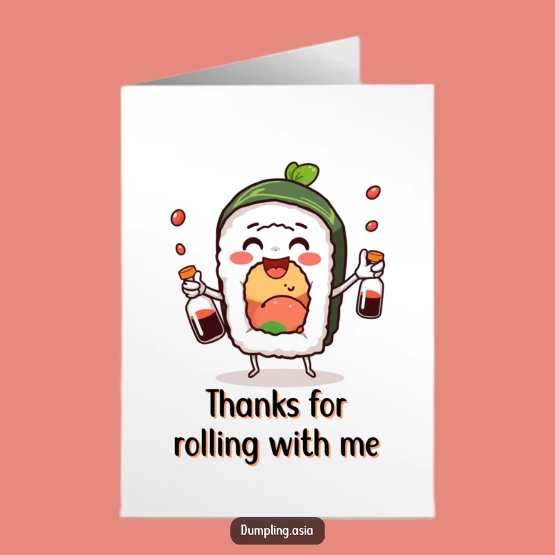 Free Printable Thank You Card: Sushi Roll Juggling Soy Sauce, Grateful Downloadable Gift