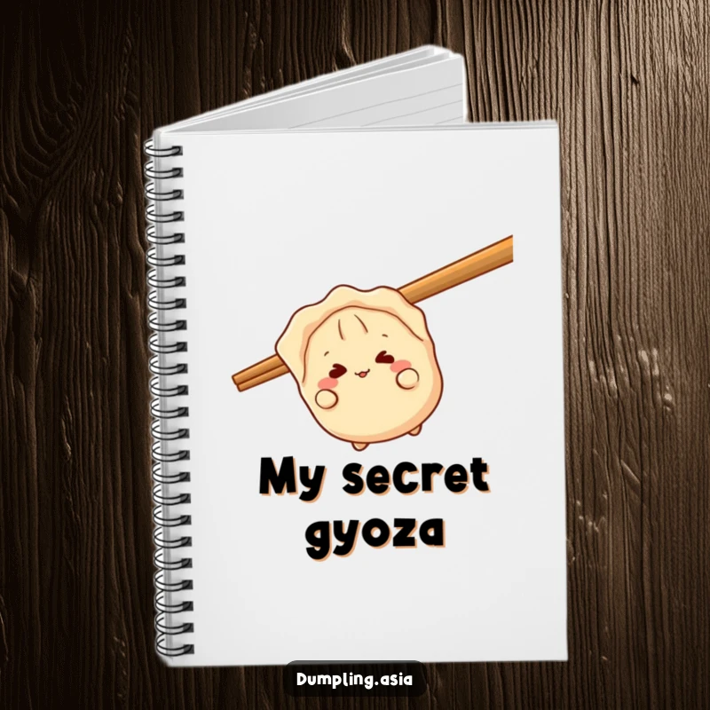 Funny gyoza notebook, a giggling dumpling character, peeking playfully from behind a giant chopstick, perfect for notes with humor.