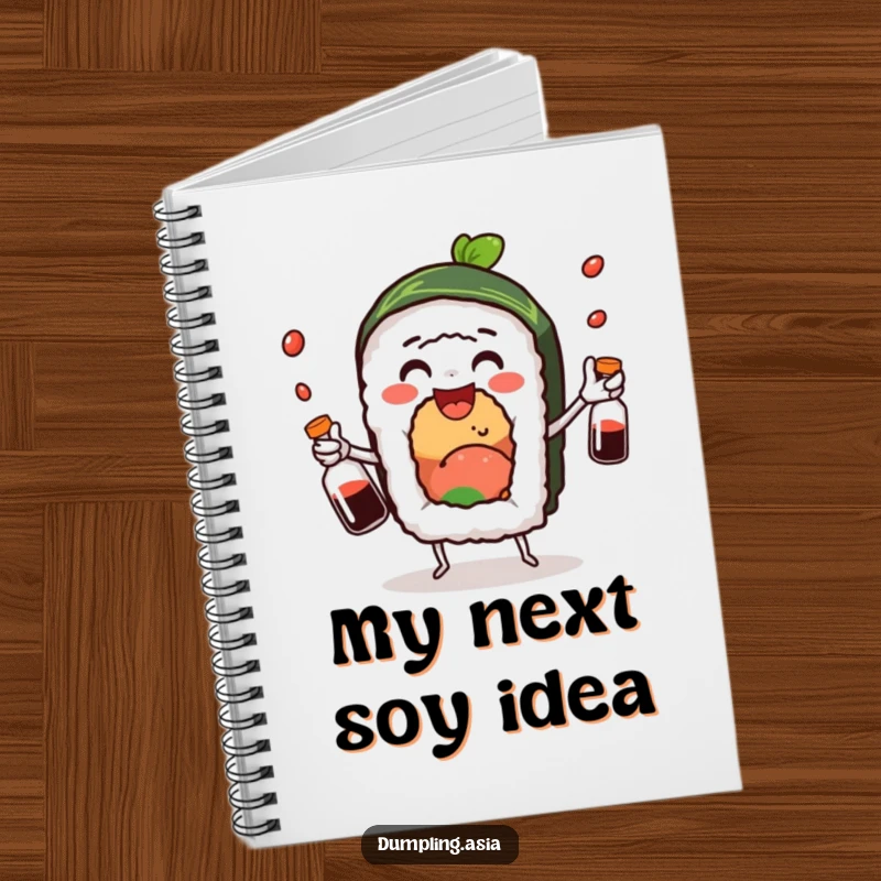 Funny sushi roll notebook, a delighted character juggling soy sauce bottles, perfect for capturing notes with humor.