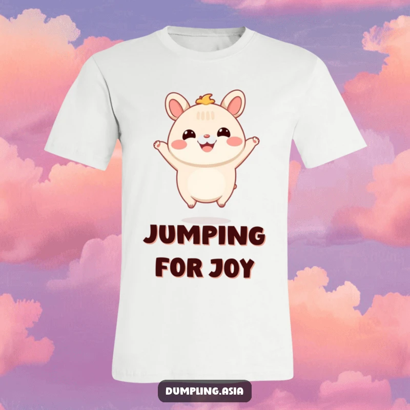 Funny T-Shirt with a smiling bao bun character with tiny feet, happily jumping in the air, representing pure joy.