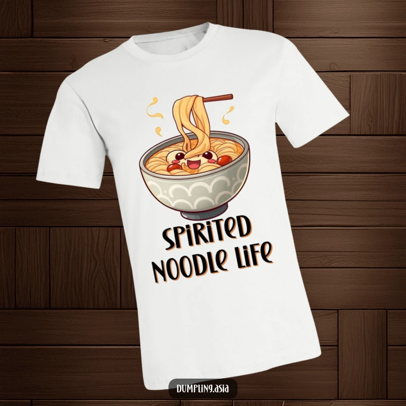 Funny ramen bowl t-shirt, a cheerful character with playful spiraling steam, designed for noodle lovers.