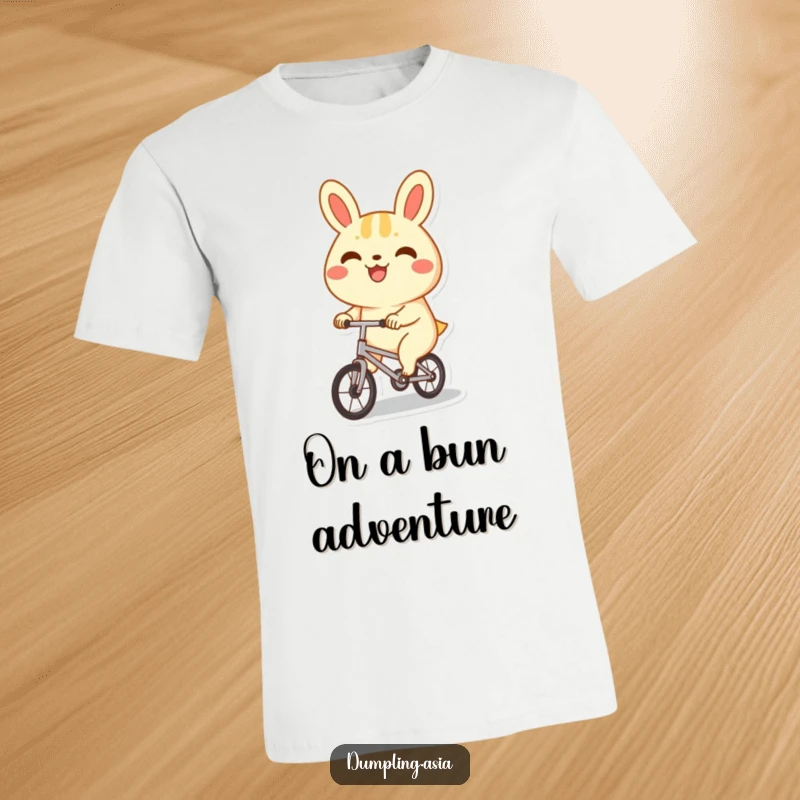 Funny bao bun t-shirt, a happy character with a big grin, enthusiastically riding a tiny bicycle.