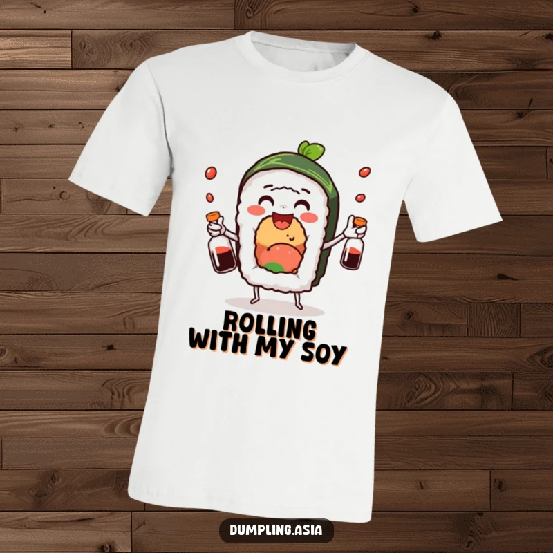 Funny sushi roll t-shirt, a delighted character expertly juggling miniature soy sauce bottles, showcasing playful food humor.