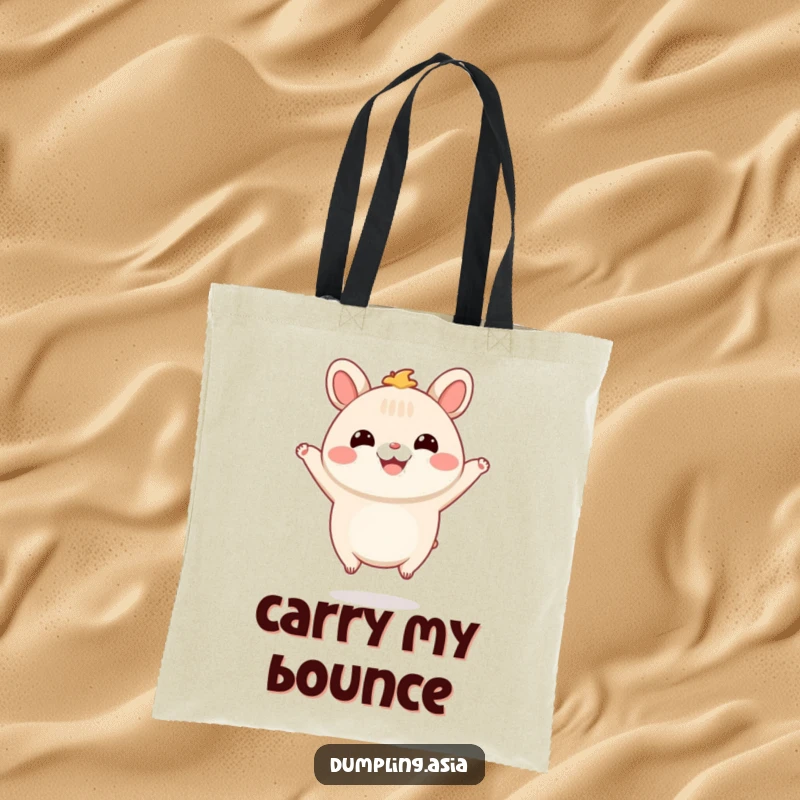 Funny Tote Bag with a smiling bao bun character with tiny feet, happily jumping in the air, a cute and energetic accessory.