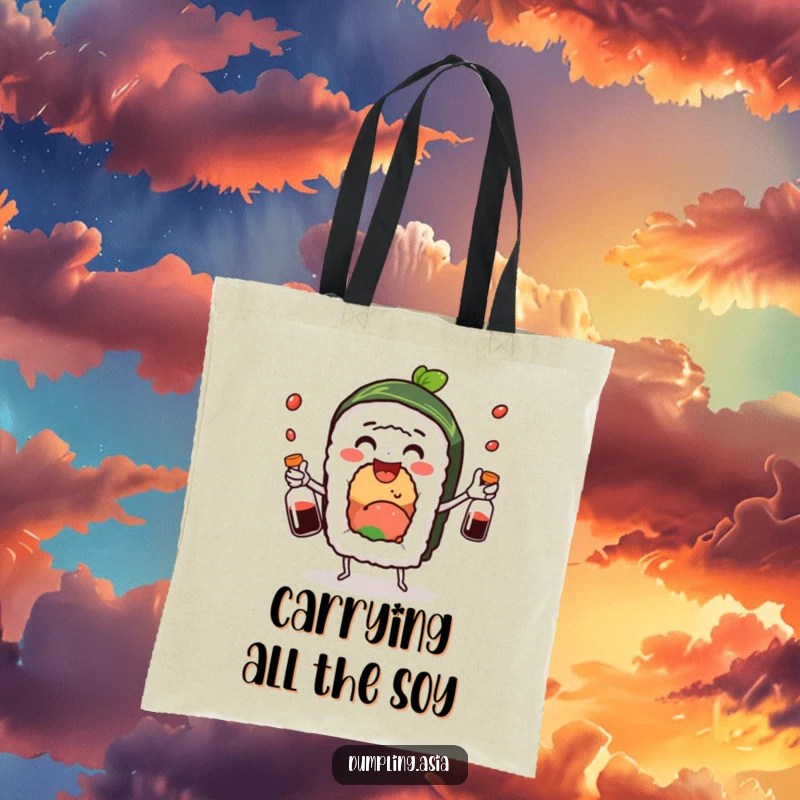 Funny sushi roll tote bag, a delighted character actively juggling soy sauce bottles, a charming and humorous accessory.