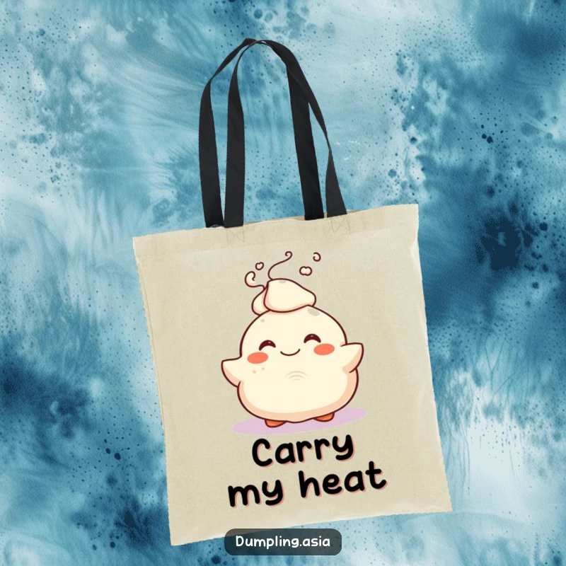 Funny Tote Bag with a smiling dumpling character joyfully bursting with steam, a cute and practical accessory.